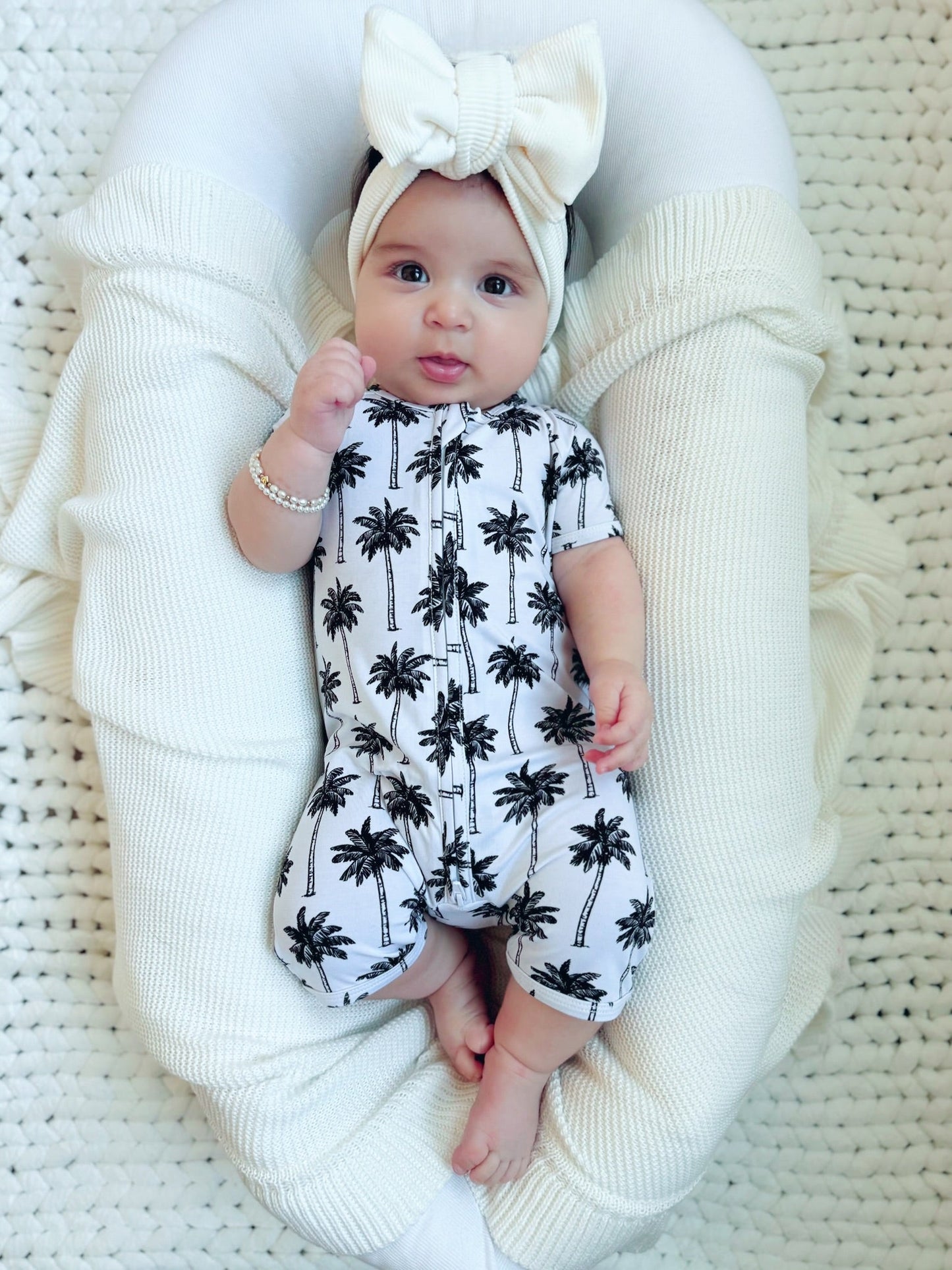 Bamboo Shorty Romper  | Palm Style White