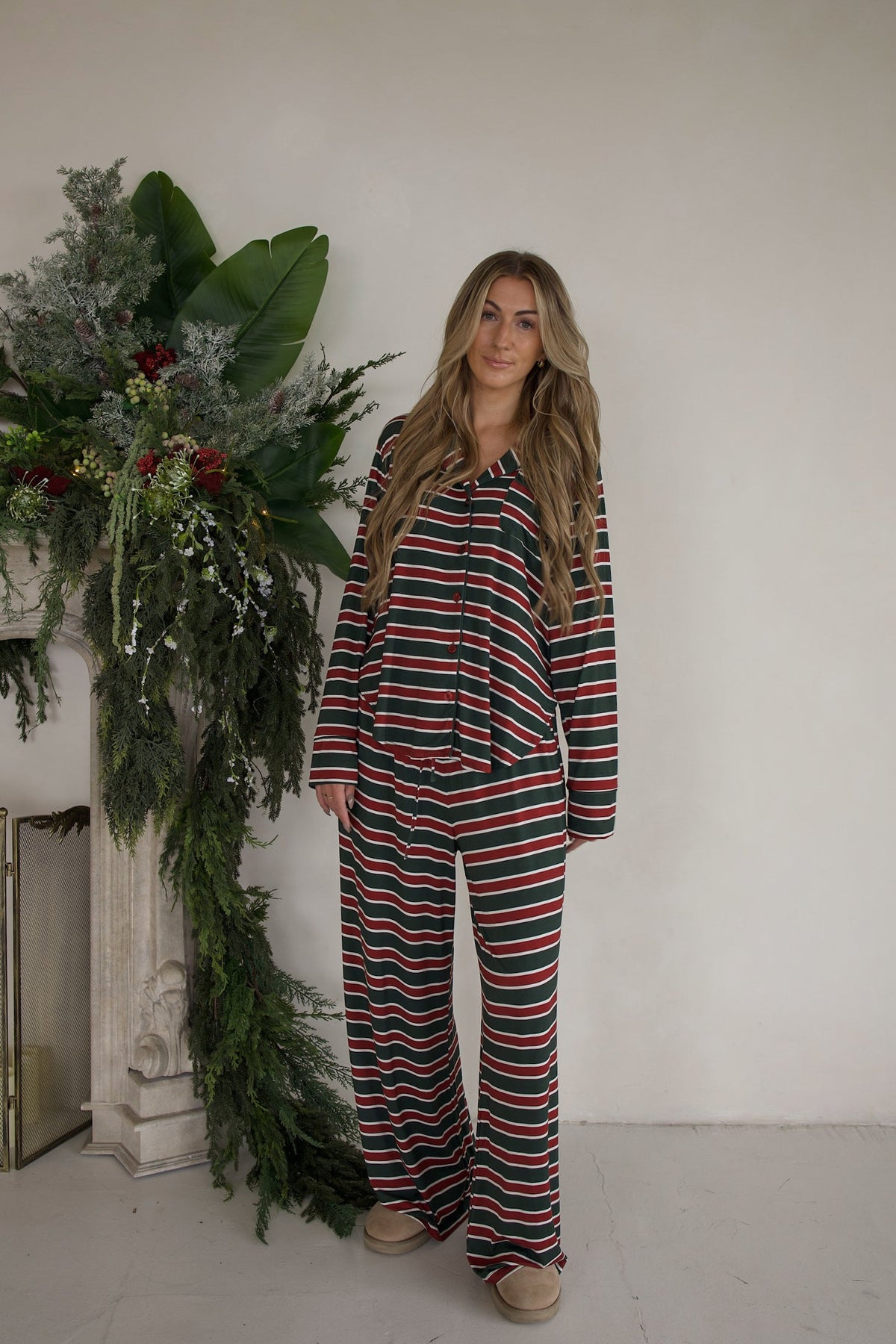 Women's Bamboo Button Up Lounge Set | Holiday Stripe