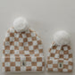 Adult ff Knit Pom Top Beanie | Tan Checkerboard