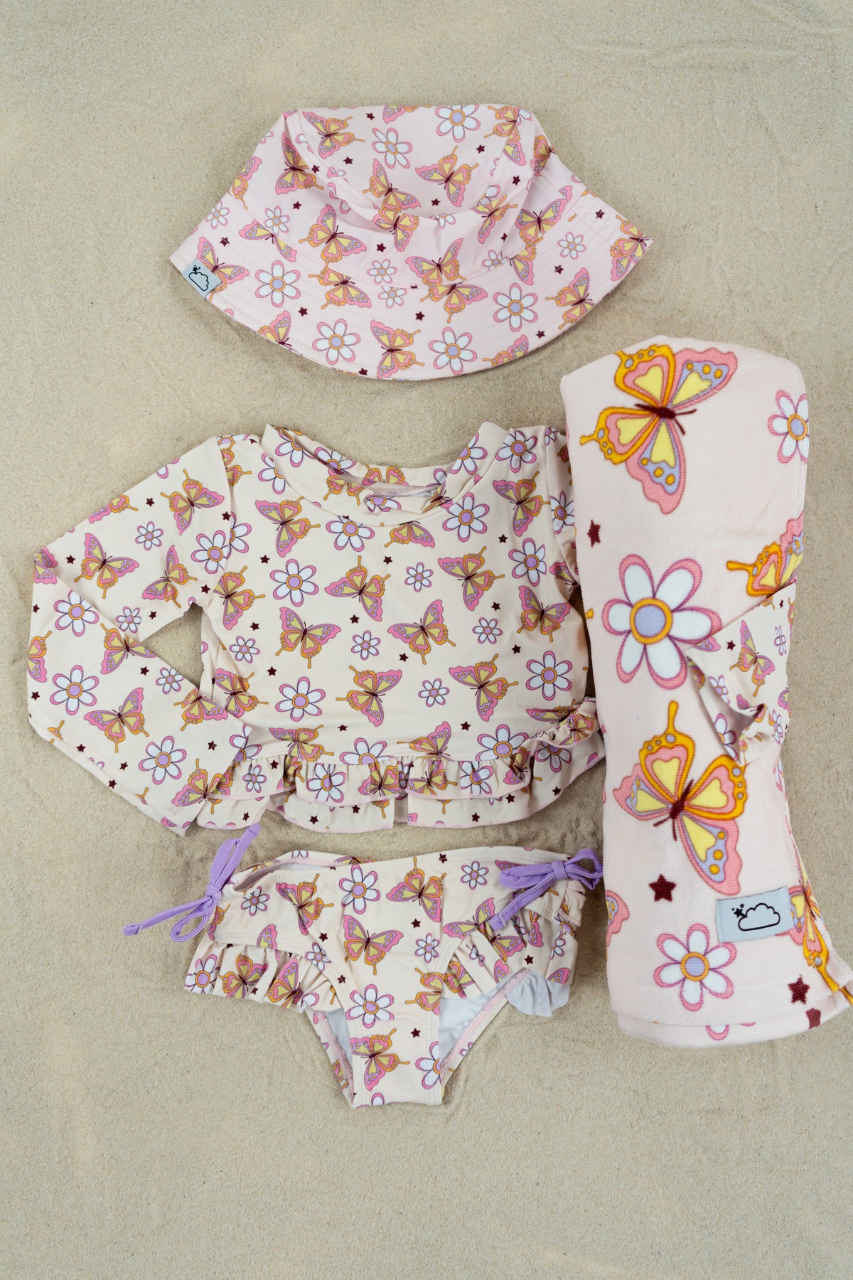 BLOSSOMIN’ BUTTERFLY DREAM 2-PIECE RASH GUARD RUFFLE SWIM SUIT
