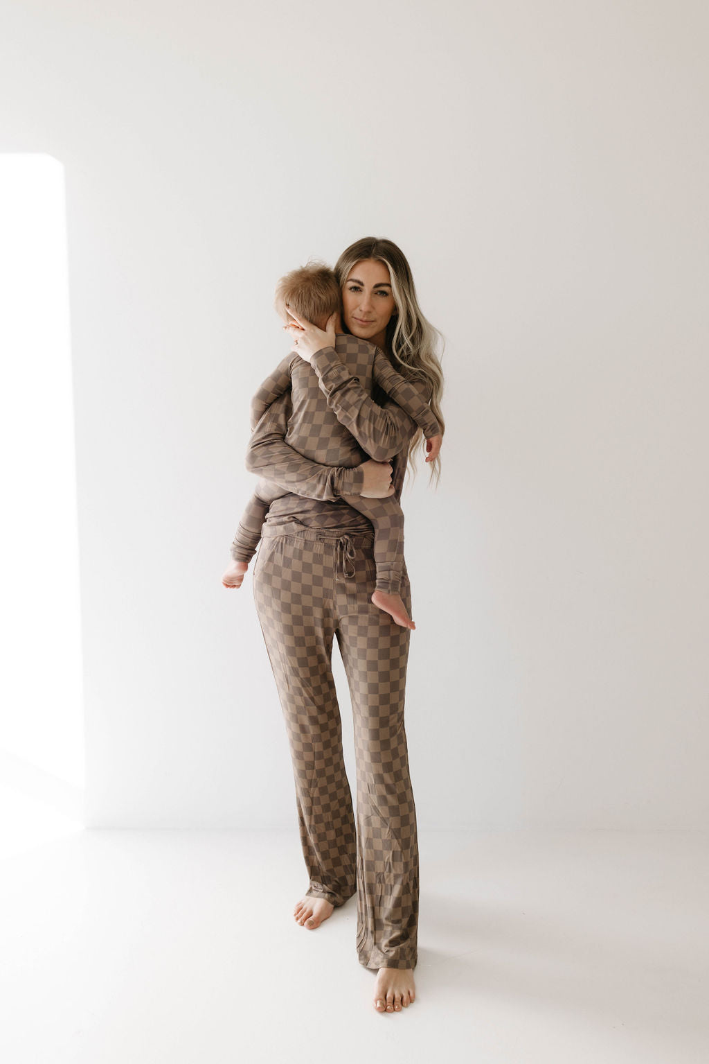 Women's Long Sleeve Bamboo Pajama | Faded Brown Checkerboard