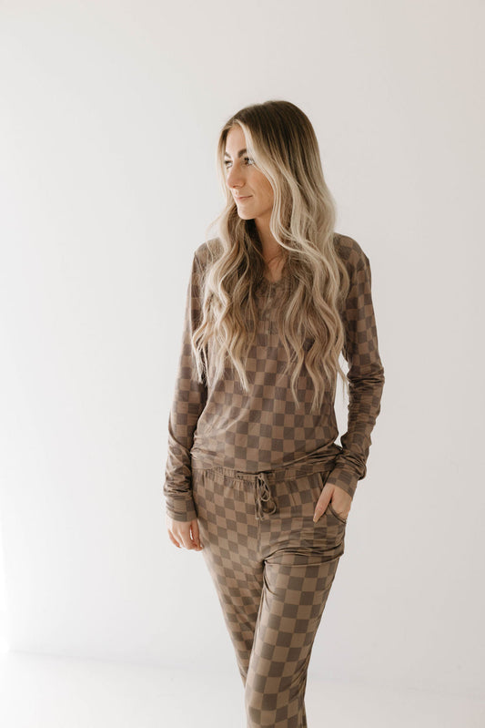 Women's Long Sleeve Bamboo Pajama | Faded Brown Checkerboard