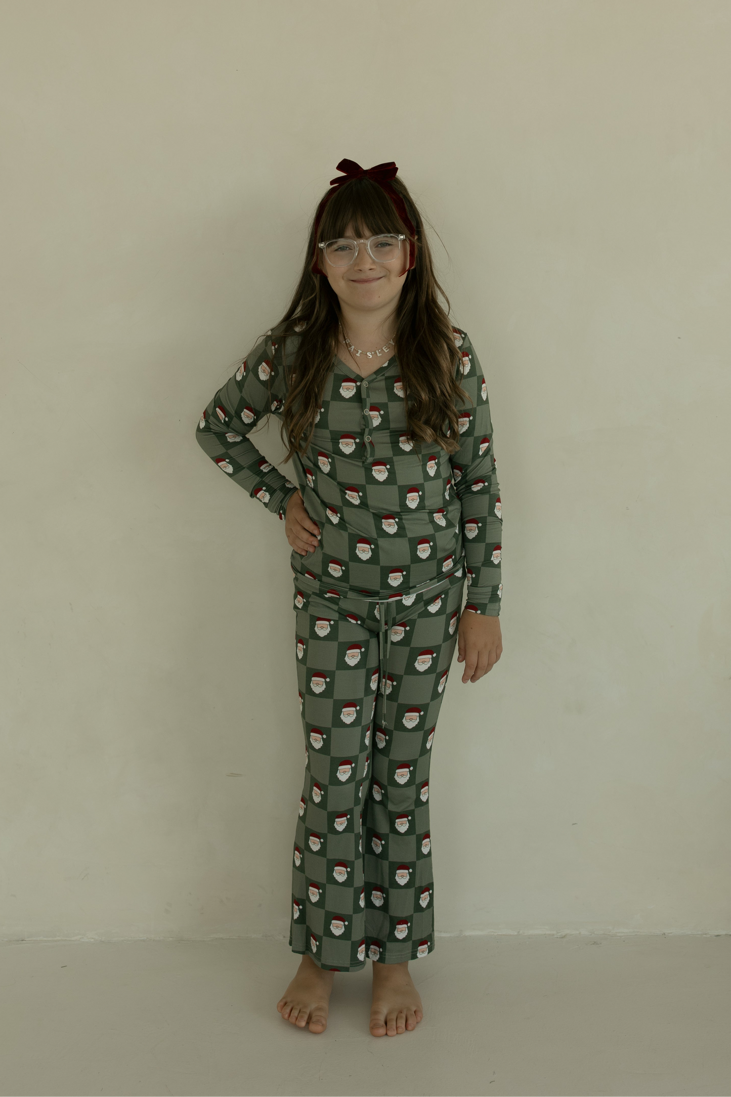 Pre-Teen Flare Bamboo Pajamas | Santa Checkerboard