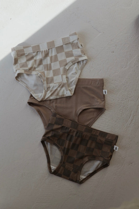 Girl's Bamboo Briefs (3 Pack) | Checkerboard, Taupe & Faded Checkerboard