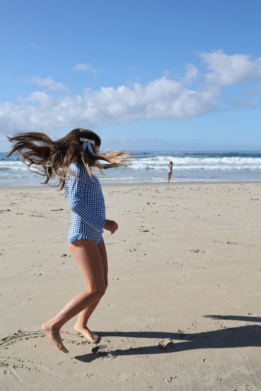 Girls Long Sleeve Swimsuit | Blue Gingham