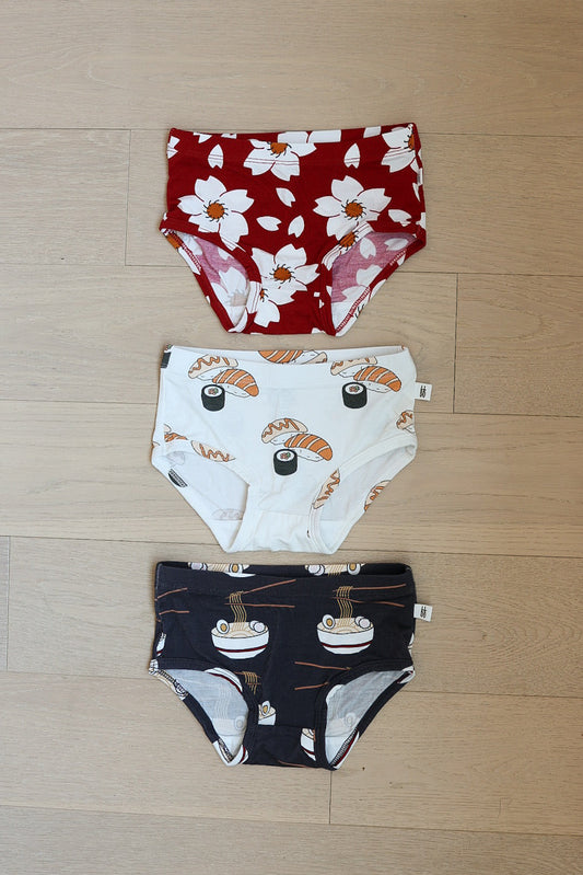 Girl's Bamboo Briefs (3 Pack) | Cherry Blossoms, Ramen & Sushi