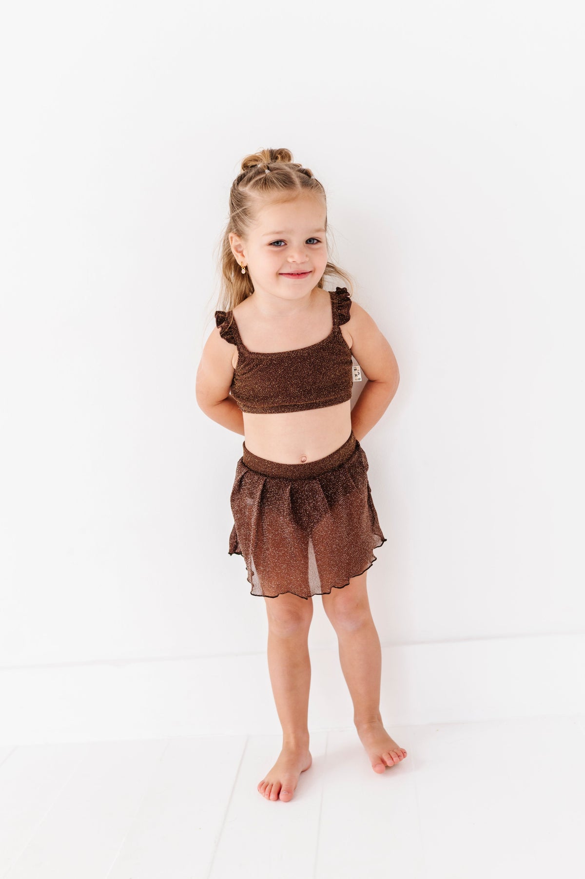 Brown Metallic Kids Swim Skirted Bottom