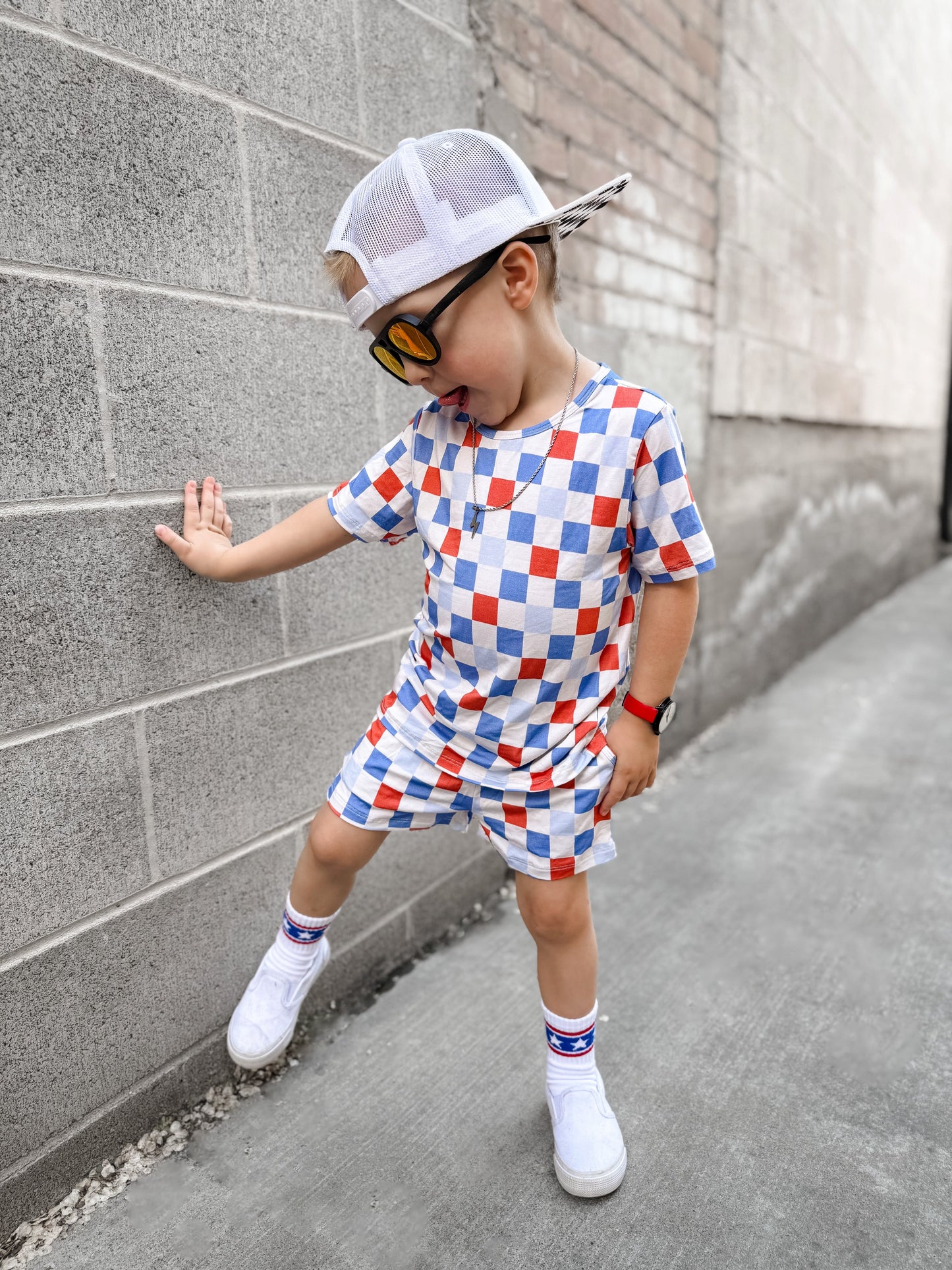 Checker- Red white + Blue bamboo set