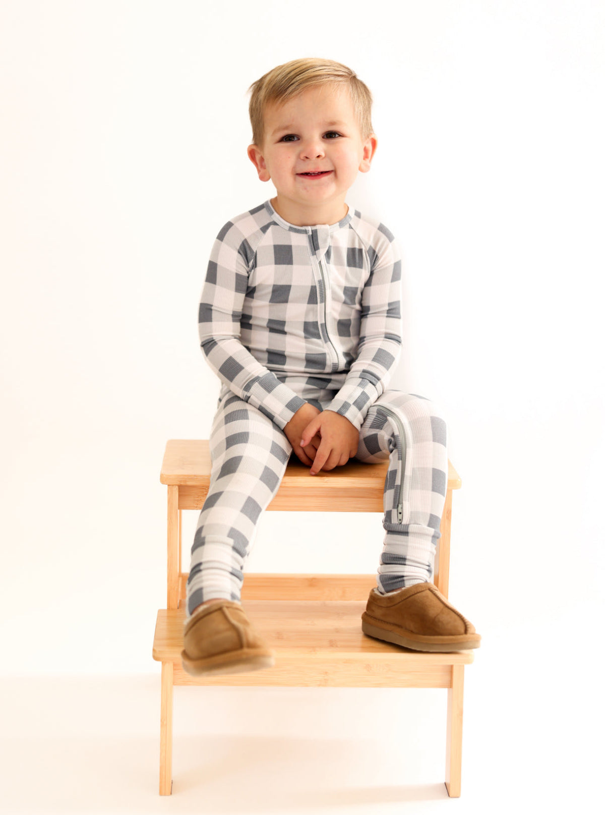 SLATE GINGHAM | ZIP ROMPER