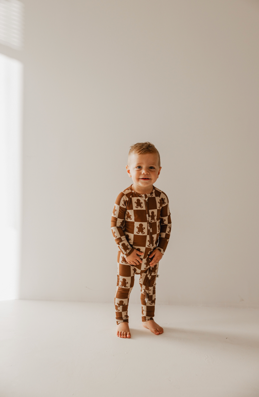 Bamboo Zip Pajamas | Gingerbread Checkerboard 2024
