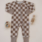 Ribbed Bamboo Zip Romper | Latte Checkered
