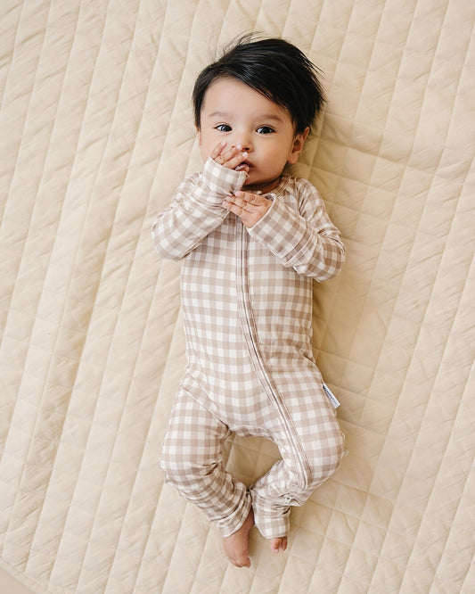Bamboo Zip Romper | Beige Gingham