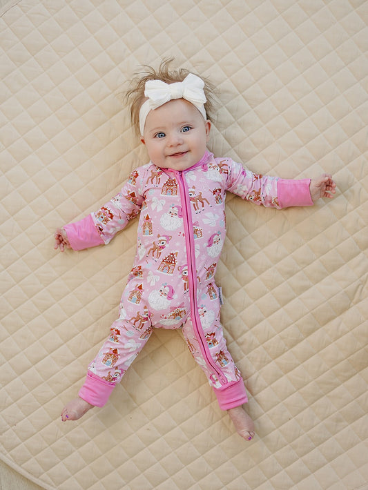 Bamboo Zip Romper | Pink Christmas