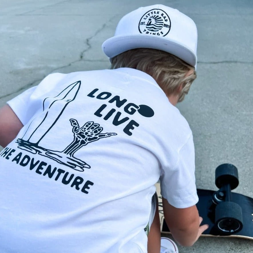 100% ORGANIC COTTON LONG LIVE THE ADVENTURE TEE - WHITE