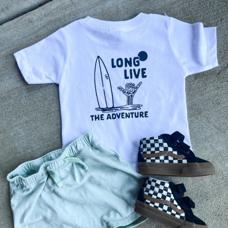 100% ORGANIC COTTON LONG LIVE THE ADVENTURE TEE - WHITE