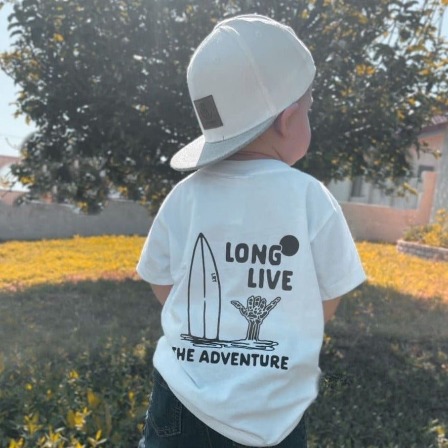 100% ORGANIC COTTON LONG LIVE THE ADVENTURE TEE - WHITE