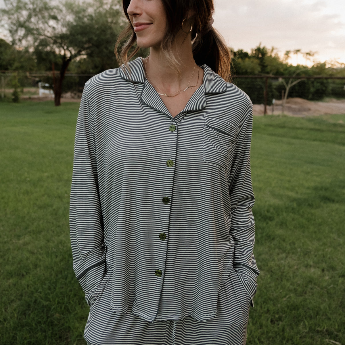 Women's Bamboo Button Up Lounge Set | Forest Stripe Ribbed