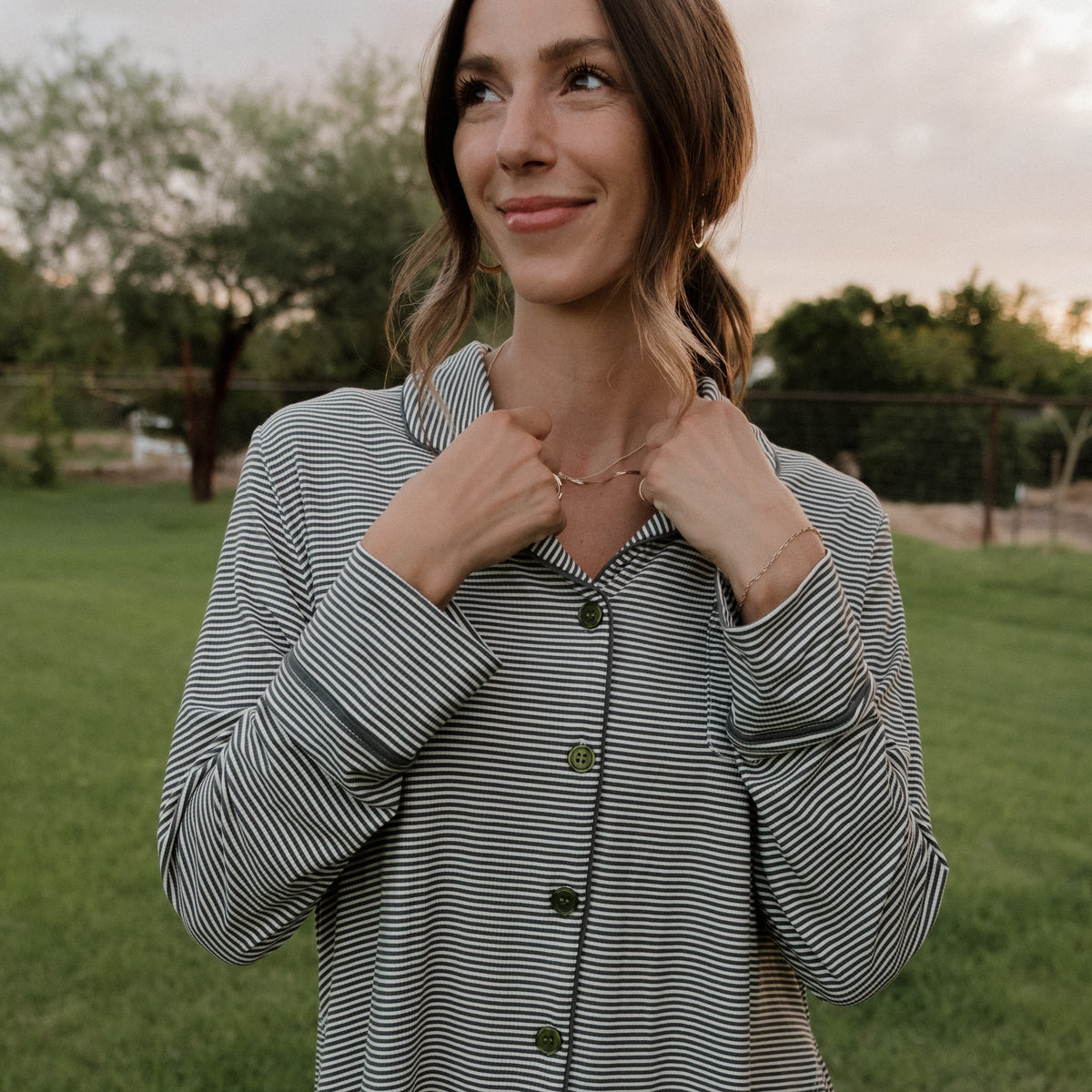 Women's Bamboo Button Up Lounge Set | Forest Stripe Ribbed
