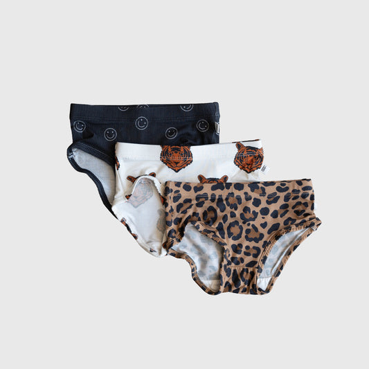 Girl's Bamboo Briefs (3 Pack) | Leopard, Tigers & Smiley Ribbed