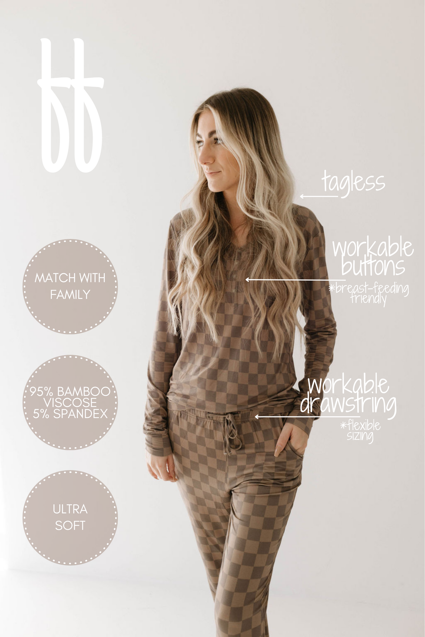 Women's Long Sleeve Bamboo Pajama | Faded Brown Checkerboard
