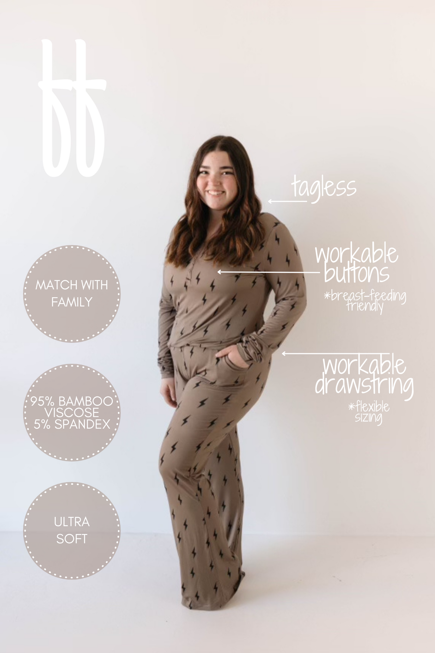 Women's Bamboo Pajama | Brown & Black Lightning Bolt