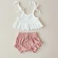 Pink Crop Top Ribbed Shorts Set