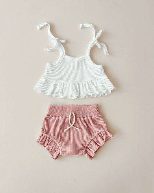 Pink Crop Top Ribbed Shorts Set